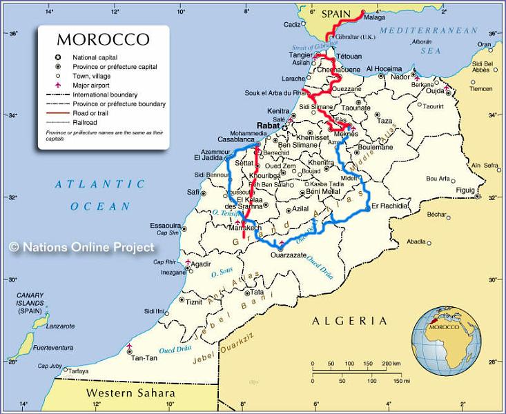 B_morocco_map1_cesta2.jpg - Kompletná trasa: prílet Malaga, červená farba - miestna doprava, modrá farba - prenajaté auto, odlet Marakéš